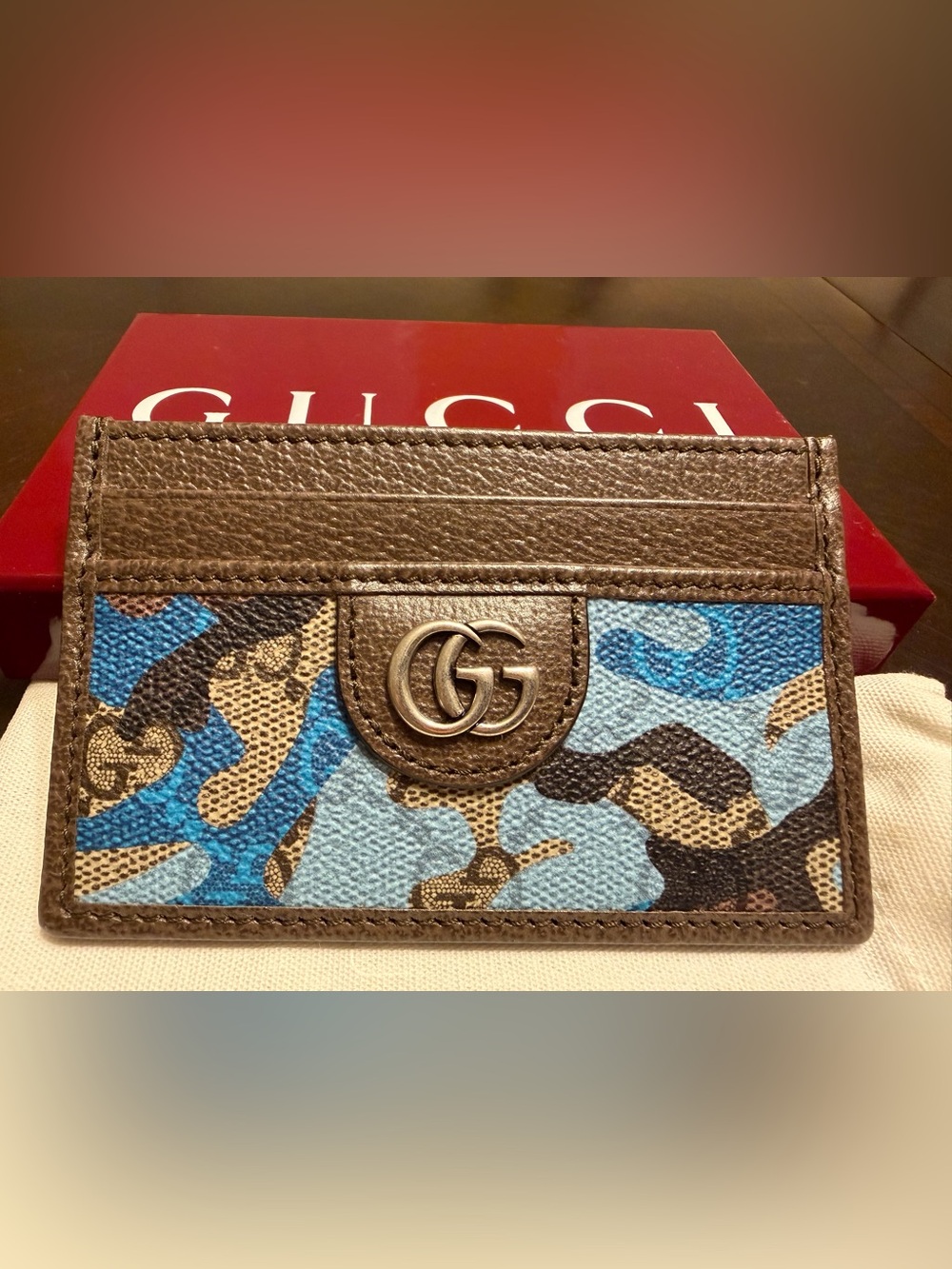 New Authentic Gucci GG Supreme Logo Card Case Wallet Brown Blue Leather - Picture 2 of 10